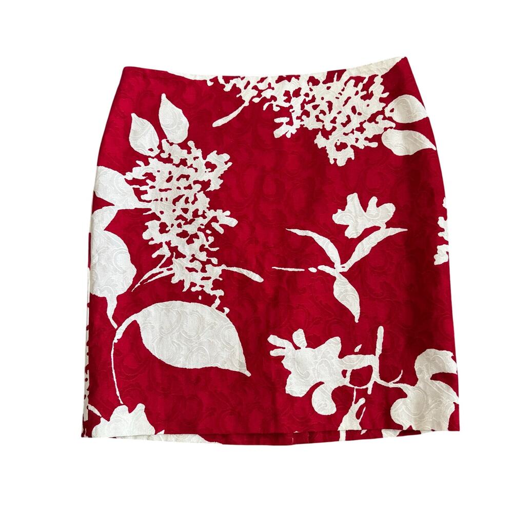 Talbots Skirt Womens 12p PETITE Jacquard Career Knee Length Red White Lined NEW